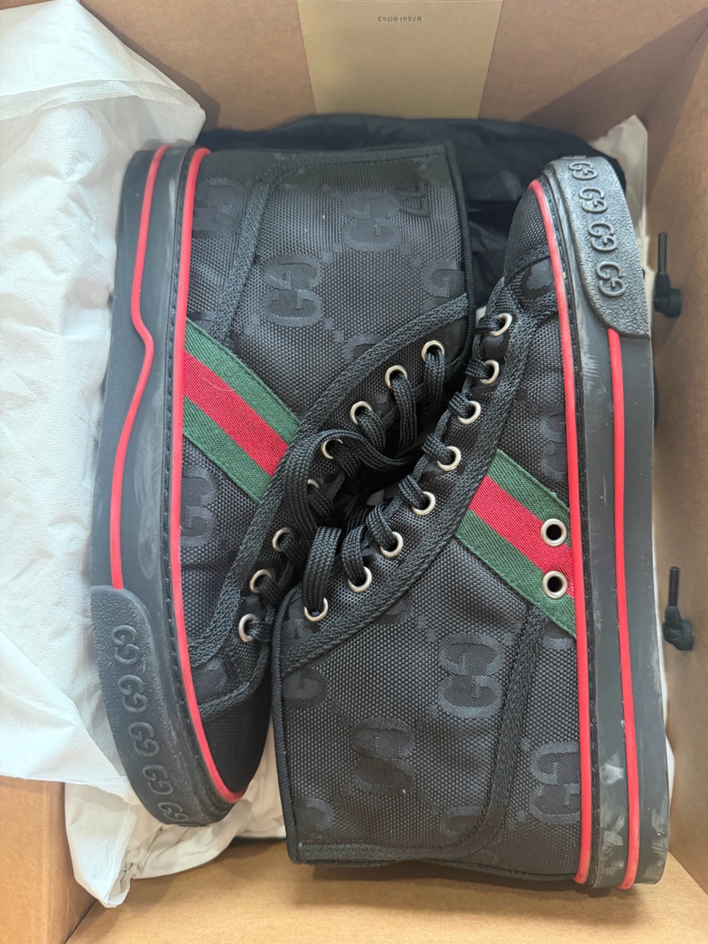 Gucci Black High-Top Sneakers with Red & Green Stripe - Picture 3 of 7